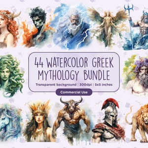 44 imágenes prediseñadas de la mitología griega en acuarela: Zeus, dioses, Poseidón, Hades, Minotauro, Hércules, antigua Grecia, mitos, Hércules, uso comercial