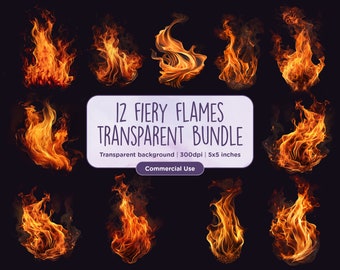 12 Fire Overlays 300dpi Transparent PNG Clipart - 12 Individual Fiery Flame PNGs, transparent backgrounds, Instant download, Commercial Use