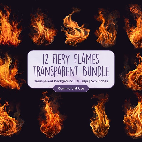 12 Fire Overlays 300dpi Transparent PNG Clipart - 12 Individual Fiery Flame PNGs, transparent backgrounds, Instant download, Commercial Use