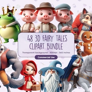 48 imágenes prediseñadas de cuentos de hadas en 3D: mágicos, princesas, medievales, Cenicienta, lobo feroz, 3 cerditos, fantasía, descarga digital instantánea, uso comercial