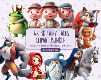 Könnte beinhalten: Ein Set mit 48 3D-Märchen-Clipart-Illustrationen. Die Illustrationen zeigen Figuren wie einen Wolf, einen Lebkuchenmann, einen Frosch, ein Schwein, einen Prinzen und eine Hexe. Die Illustrationen sind im Cartoon-Stil gehalten und haben einen transparenten Hintergrund.  48 3D-Märchen-Clipart-Bundle. Transparenter Hintergrund | 300dpi | 5x5 Zoll. Kommerzielle Nutzung.