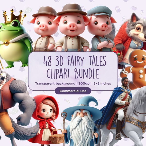 48 3D Fairy Tales Clipart - Magical, Princess, Medieval, Cinderella, Big Bad Wolf, 3 Pigs, Fantasy, Instant digital download, Commercial Use