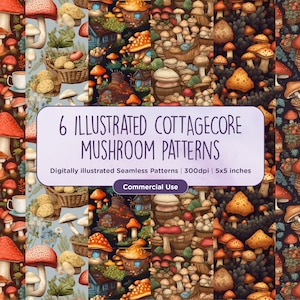 6 cyfrowo ilustrowanych wzorów Cottagecore Mushroom Seamless Patterns - Scrapbooking, Przytulny leśny clipart, Natychmiastowe pobieranie, Wykorzystanie komercyjne