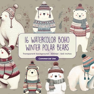 16 Acuarela Boho Invierno Osos Polares Clipart - Lindo, Ilustraciones de libros para niños, Animales Oso Navidad, Descarga digital, Uso comercial