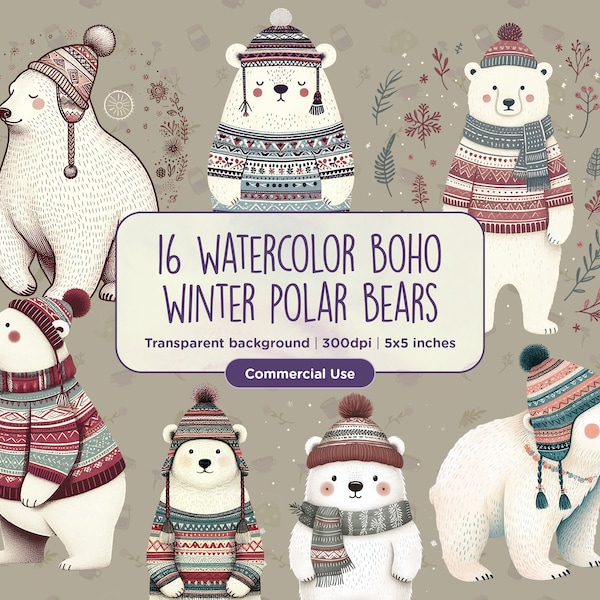 16 Watercolor Boho Winter Polar Bears Clipart - Cute, Childrens Book Illustrations, Animals Bear Christmas, Digital download, Commercial Use