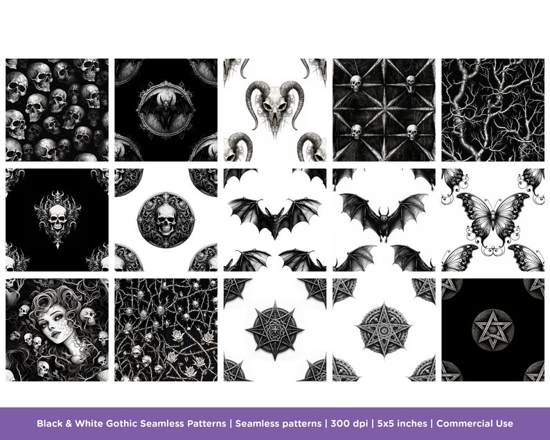 30 Black and White Gothic Seamless Patterns - Goth, Skeletons ...