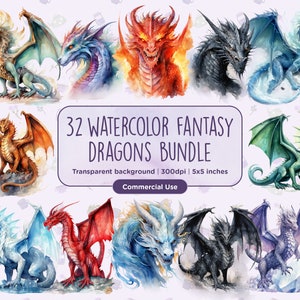 32 Clipart di draghi fantasy ad acquerello - Magico, medievale, fiabe, draghi, fantasy, magia, download digitale istantaneo, uso commerciale