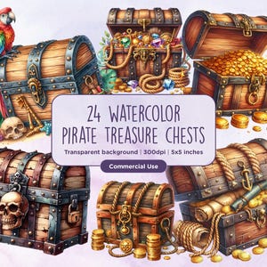 24 cliparts aquarelle de coffres au trésor de pirate - pierres précieuses, diamants, doublons, pièces de monnaie, carte de pirate, nautique, Arr, téléchargement immédiat, usage commercial