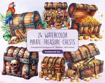24 Watercolor Pirate Treasure Chests Clipart - Gems, Diamonds, Doubloons, Coins, Pirate Map, Nautical, Arr, Instant download, Commercial Use