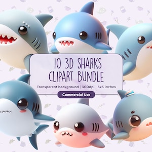 10 3D Sharks Clipart - Cute, Cartoon Characters, Great White Shark, Sea Life, Clip Art, Scrapbooking, Fish, Instant download, Commercial Use