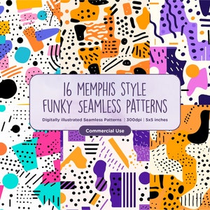 May include: 16 Memphis style funky seamless patterns, digitally illustrated, 300dpi, 5x5 inches, commercial use. The patterns feature a variety of geometric shapes, lines, and dots in bright colours like orange, yellow, blue, purple, and pink.