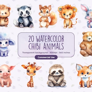 20 imágenes prediseñadas de animales chibi en acuarela: lindos, chibi, ilustraciones de libros infantiles, animales, PNG, descarga digital instantánea, uso comercial
