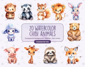 20 Watercolor Chibi Animals Clipart - Cute, Chibi, Childrens Book Illustrations, Animals, PNGs, Instant digital download, Commercial Use