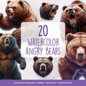20 akvarell arga björnar clipart - vild, djurkonst, djur clipart, grizzlybjörn, utskrivbara material, sublimering, omedelbar, kommersiell användning