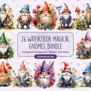 May include: A set of 26 watercolor illustrations of gnomes in various poses and settings. The gnomes are wearing colorful hats and clothes and are surrounded by flowers, mushrooms, and other garden elements. The illustrations are perfect for adding a touch of whimsy to any project.