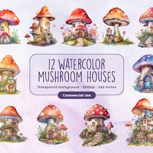 12 cliparts aquarelle de champignons - maisons magiques de champignons de la forêt, Fantasy Woodland Cottagecore, téléchargement immédiat, usage Commercial