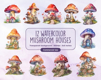 12 Watercolor Mushroom Houses Clipart - Magical Forest Mushroom Houses, Fantasy Woodland Cottagecore, Instant download, Commercial Use