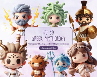 Könnte beinhalten: 45 3D-Illustrationen von Figuren der griechischen Mythologie, darunter Medusa, Zeus, Poseidon und viele mehr. Die Figuren sind in einem niedlichen, cartoonartigen Stil mit leuchtenden Farben und detaillierten Merkmalen dargestellt. Die Illustrationen eignen sich perfekt für den Einsatz in digitalen Projekten, Bastelarbeiten und vielem mehr.