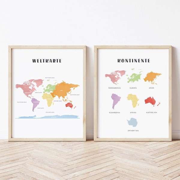 Continents Poster World Map Wall Art Nursery World Map Print Montessori Geography Folders German for Kids German Teacher Kinder Weltkarte