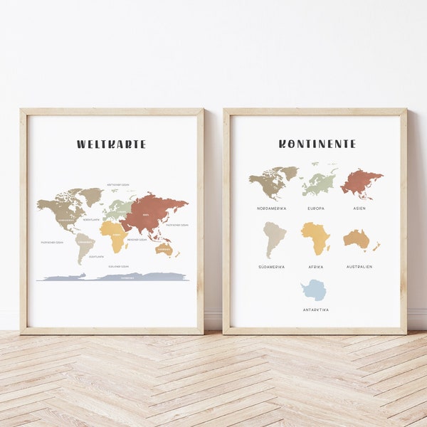 Weltkarte Poster German Learning World Map Poster Continents Poster Printable World Map Classroom Geography Homeschool World Map Nursery Art