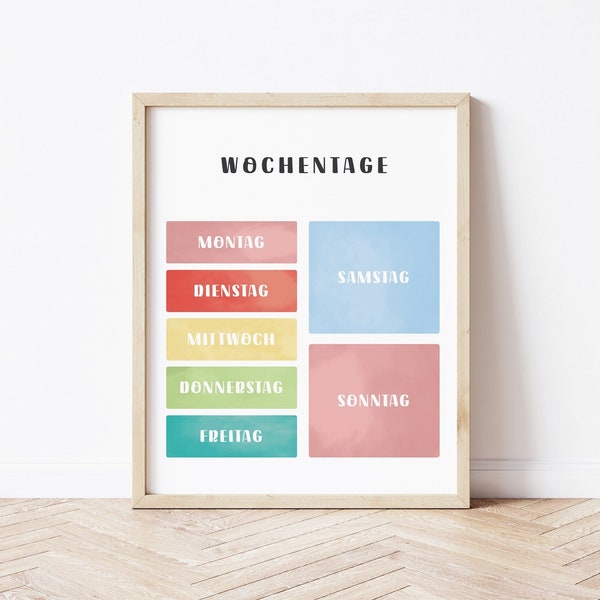 Dagen van de week-poster Duitse taal leren Duitse educatieve posters afdrukbare weekdagen Montessori-materialen leerkalender afdrukken