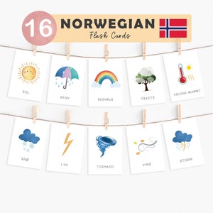 Cartões flash meteorológicos noruegueses, cartões flash meteorológicos para crianças, idiomas noruegueses, cartões meteorológicos imprimíveis, impressões pré-escolares para crianças, noruega
