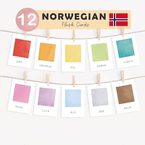 Cores norueguesas em norueguês Flashcards Aprendizagem da língua norueguesa Cartões flash Atividades pré-escolares Cartela de cores Montessori Noruega Impressões