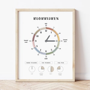 Reloj imprimible Montessori para leer la hora en holandés Póster para leer la hora en holandés Hoja de trabajo para aprender a decir la hora en holandés Reloj imprimible Little Dutch