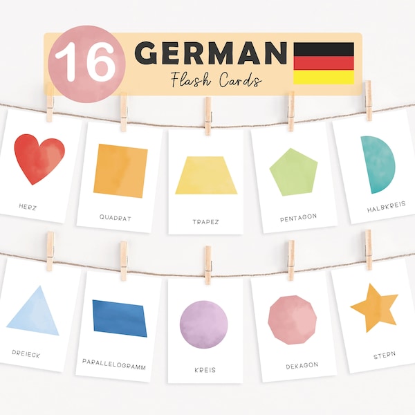 Rainbow Shapes Flash Cards Poster German Education Montessori Home School German Bilingual Kids Deutsch Formen Learnkarten Kindergarten