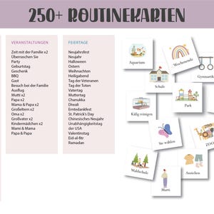 May include: A set of 250+ routine cards for children. The cards feature colorful illustrations of activities like going to the park, playing at the zoo, and visiting friends. The cards are divided into three categories: Going Out, Events, and Holidays. The cards are a great way to help children learn about different routines and activities.