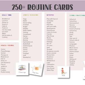 May include: A visual aid with over 250 routine cards, categorized for daily routines, meals, sports, activities, school, and chores. Includes illustrated cards for visual learners, such as "Wake up" and "Play Doh."