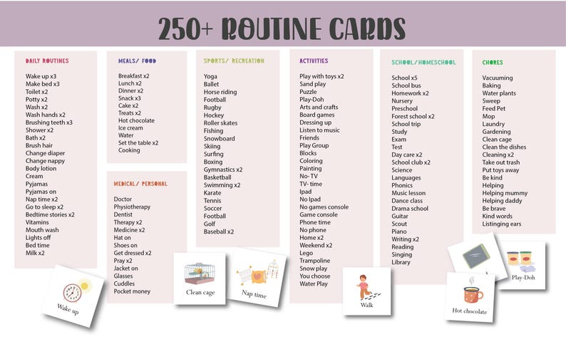 May include: A visual aid with over 250 routine cards, categorized for daily routines, meals, sports, activities, school, and chores. Includes illustrated cards for visual learners, such as "Wake up" and "Play Doh."
