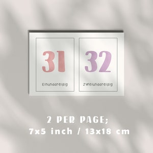 Op de afbeelding: Twee printbare kaarten met de nummers 31 en 32 in roze en paars. De tekst onder de nummers is "Einunddrei&szlig;ig" en "Zweiunddrei&szlig;ig". De tekst onderaan de afbeelding is "2 per pagina; 7x5 inch / 13x18 cm".