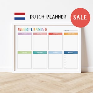 May include: A white framed Dutch planner with the text "WEEKPLANNING" in rainbow colours. The days of the week are listed in Dutch. A red circle with the word "SALE" is in the upper right corner.