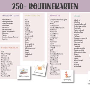 May include: A colorful chart with over 250 routine cards for kids. The chart is divided into categories such as daily routines, mealtimes, sports, activities, school, and chores. Each category has a list of activities with illustrations.