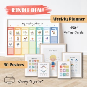 May include: A set of educational posters and a weekly planner. The planner features a colourful layout with daily activity icons. The posters cover topics such as emotions, body parts, weather, and calming techniques. The text "BUNDLE DEAL!" is at the top.