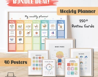 Op de afbeelding: Een bundel educatieve posters en een weekplanner. De planner heeft een kleurrijke lay-out met dagelijkse activiteit iconen. De posters behandelen onderwerpen als emoties, lichaamsdelen, weer en kalmeringstechnieken. De tekst "BUNDLE DEAL!" staat bovenaan.