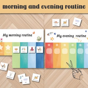 May include: A colorful morning and evening routine chart with illustrations. The morning chart features a sun, flowers, and a bird, while the evening chart has a moon, stars, and a rocket. Includes task cards for various activities.