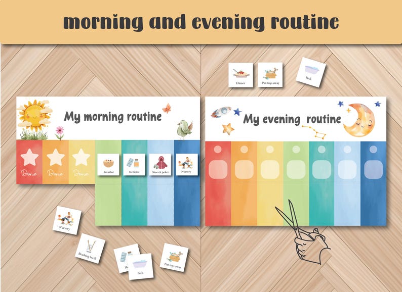 May include: A colorful morning and evening routine chart with illustrations. The morning chart features a sun, flowers, and a bird, while the evening chart has a moon, stars, and a rocket. Includes task cards for various activities.