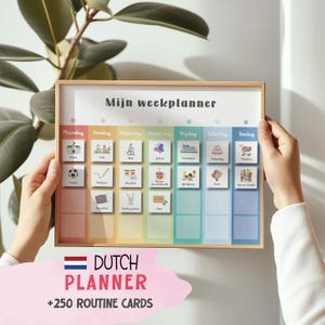 Op de afbeelding: Een kleurrijke weekplanner in het Nederlands met de tekst "Mijn weekplanner" bovenaan. De planner heeft zeven kolommen voor elke dag van de week, met ruimte om routinekaarten toe te voegen. De planner is ingelijst in een licht houten lijst.