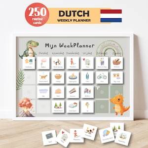 Puede incluir: Un planificador semanal holandés con marco blanco con el texto "DUTCH WEEKLY PLANNER" y "Mijn WeekPlanner". El planificador incluye 250 tarjetas de rutina y presenta ilustraciones de dinosaurios y actividades diarias.