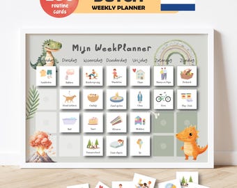 May include: A white-framed Dutch weekly planner with the text "DUTCH WEEKLY PLANNER" and "Mijn WeekPlanner". The planner includes 250 routine cards and features illustrations of dinosaurs and daily activities.