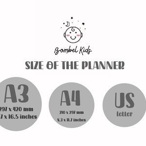 Puede incluir: Gr&aacute;fico blanco con el texto "Bombel Kids" y "SIZE OF THE PLANNER". La imagen muestra comparaciones de tama&ntilde;o para A3 (297 x 420 mm), A4 (210 x 297 mm) y tama&ntilde;o US Letter.