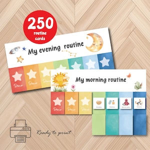 Könnte beinhalten: Zwei druckbare Routinekarten mit Aquarellillustrationen. Eine Karte lautet "Meine Abendroutine" und die andere "Meine Morgenroutine". Die Karten zeigen einen roten Kreis mit "250 Routinekarten" und dem Text "Zum Drucken bereit".