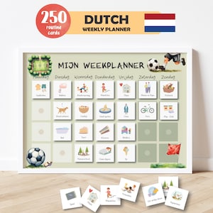 May include: A Dutch weekly planner with 250 routine cards. The planner features illustrations for each day of the week, including activities like playing, walking, and eating. The planner has a white frame and a Dutch flag.
