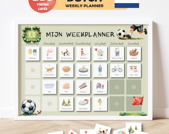 May include: A Dutch weekly planner with 250 routine cards. The planner features illustrations for each day of the week, including activities like playing, walking, and eating. The planner has a white frame and a Dutch flag.
