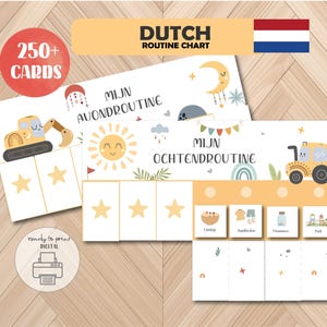 Puede incluir: Un gráfico de rutina holandés con el texto "DUTCH ROUTINE CHART" y "250+ CARDS". El gráfico presenta ilustraciones de un sol, una luna y vehículos de construcción. También son visibles las palabras "MIJN AVONDROUTINE" y "MIJN OCHTENDROUTINE".