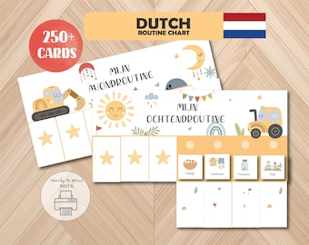 May include: A Dutch routine chart with the text "DUTCH ROUTINE CHART" and "250+ CARDS". The chart features illustrations of a sun, moon, and construction vehicles. The words "MIJN AVONDROUTINE" and "MIJN OCHTENDROUTINE" are also visible.