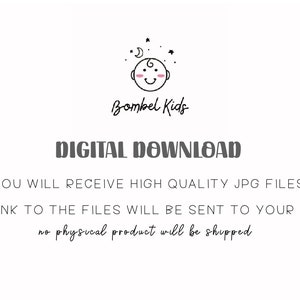 Puede incluir: Fondo blanco con el texto "Bombel Kids" y "DESCARGA DIGITAL". El texto indica que se enviar&aacute;n archivos JPG de alta calidad a su correo electr&oacute;nico y que no se enviar&aacute; ning&uacute;n producto f&iacute;sico. Un lindo logotipo de cara de beb&eacute; est&aacute; en la parte superior.