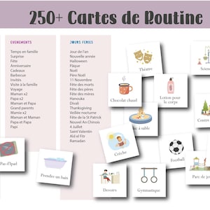 Puede incluir: Una ayuda visual para rutinas diarias, con tarjetas ilustradas y texto en franc&eacute;s. Las tarjetas cubren diversas actividades, eventos y festivos, incluyendo "Teatro", "Ciencia" y "F&uacute;tbol". El t&iacute;tulo es "250+ Cartes de Routine".